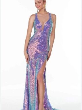 Iridescent Purple Sequin Prom Dress with Side Slit